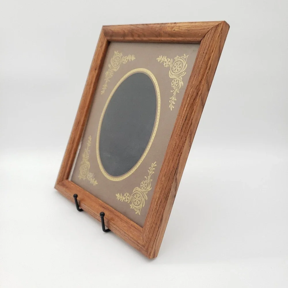 Vintage Oak Wood Floral Gold Filigree Oval Glass Portrait Picture Frame Tabletop
